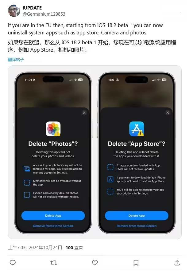 洮南苹果手机维修分享iOS 18.2 支持删除 App Store 应用商店 