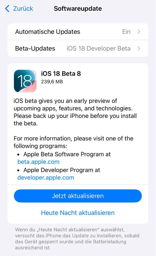 洮南苹果手机维修分享苹果 iOS / iPadOS 18 开发者预览版 Beta 8 发布 